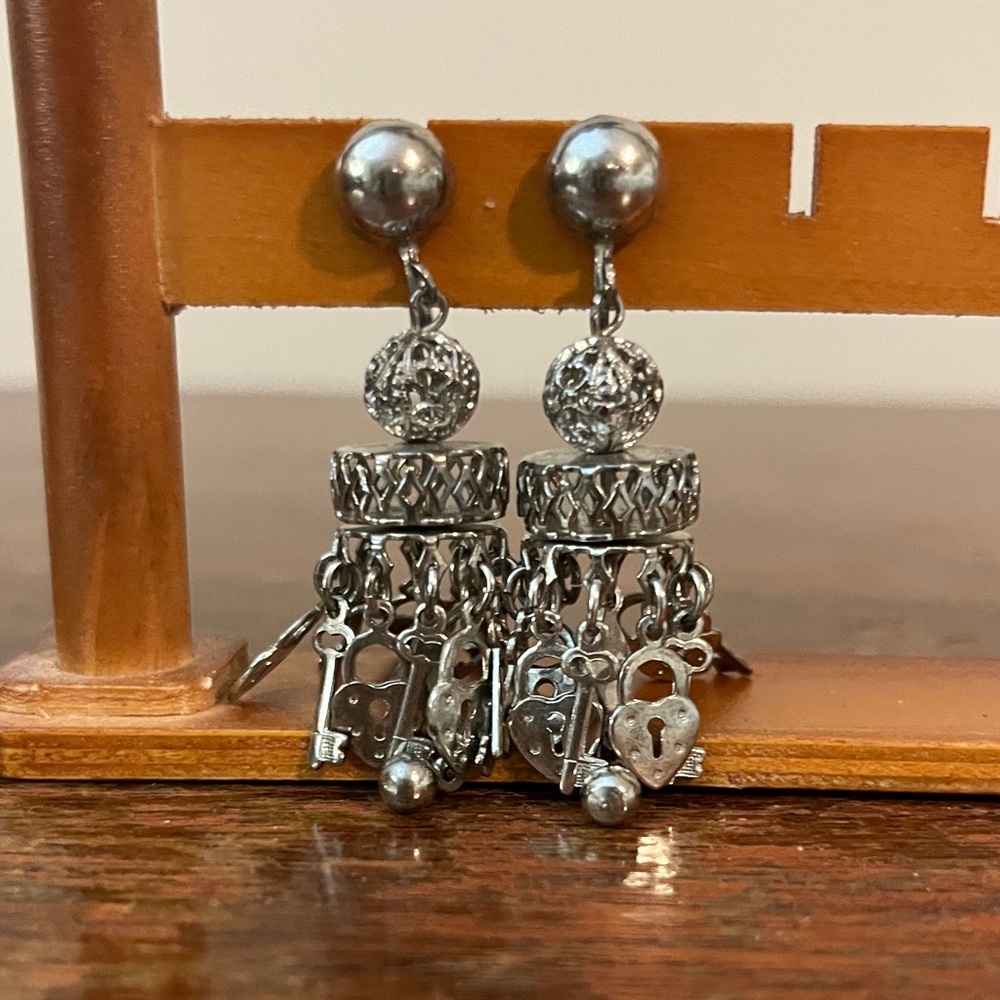 Silver Dangle Earrings with Heart and Key Charms